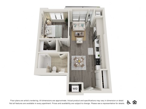Floor plan for 1 bed, 1 bath, 612 sqft